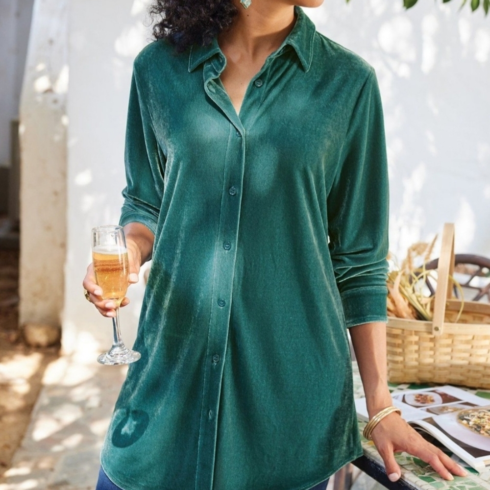 SOFT SURROUNDINGS Teal Blue Velvet Boyfriend Button Down Tunic‎ Shirt Women's S